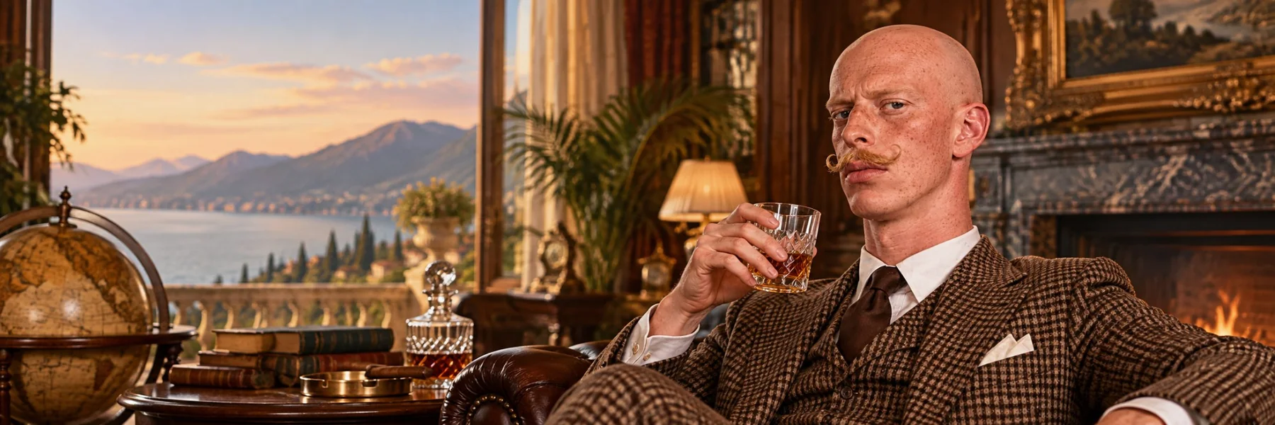 He sits in a leather armchair by a fireplace with a glass, lake and mountains behind him