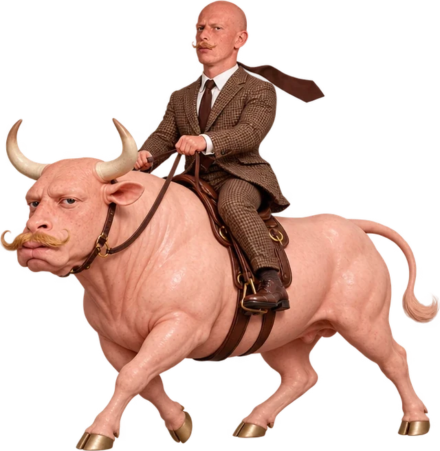 Him riding a hairless pink bull that has his face and mustache