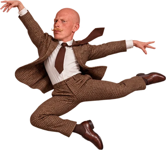 Him in a mid-air ballet leap, tie flying